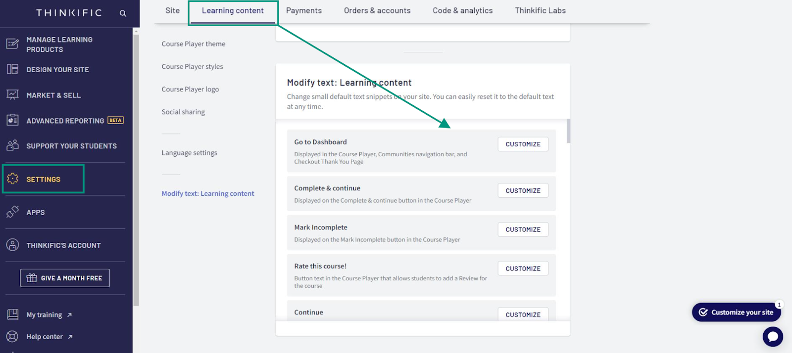 Thinkific's customizable course builder